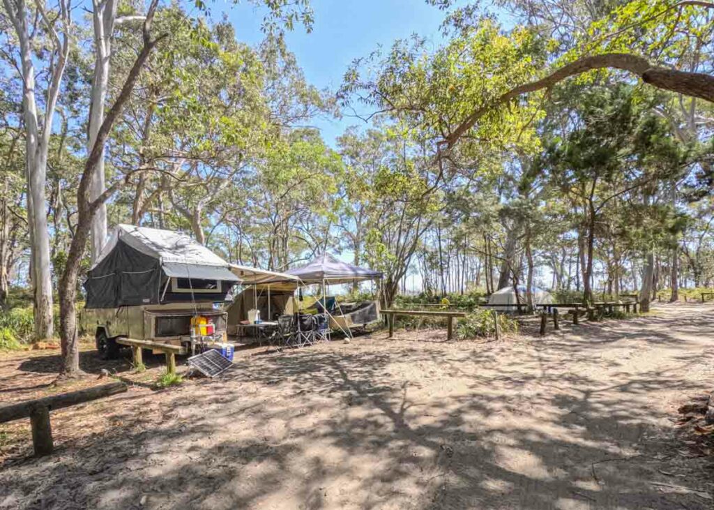 A campsite in Moreton Island surrounded by trees